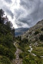 Vall d\'incles, valley in the mountains after the rain, stormy clouds Royalty Free Stock Photo