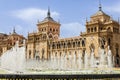 Valladolid central square, Plaza Zorrilla, with fountain and Cavalry Academy building. Castilla y Leon, Spain