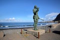 VALLE GRAN REY, LA GOMERA, SPAIN - MARCH 19, 2017: La Playa beach in La Puntilla with the statue of Hautacuperche in the foregroun