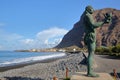 VALLE GRAN REY, LA GOMERA, SPAIN - MARCH 19, 2017: La Playa beach in La Puntilla with the statue of Hautacuperche in the foregroun