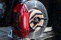 Brembo brake calipers detail on racing motor sport car