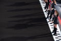 Beautiful grid girls aligned on asphalt track chekered line, shadows and copy space on the left