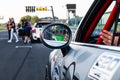 Vallelunga, Italy september 14 2019. Racing car driver eyes in car rear mirror