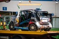 Vallelunga, Italy september 15 2019. Racing Smart car wreck on tow truck after big crash