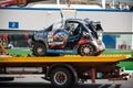 Vallelunga, Italy september 15 2019. Racing Smart car wreck on tow truck after big crash