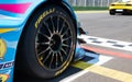 Vallelunga, Italy september 14 2019. Close up of Pirelli tire on car, in racing circuit