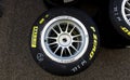 High angle view close up of single Pirelli racing tire p zero brand name
