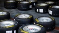 Large group of Pirelli P zero racing tire aligned on floor Royalty Free Stock Photo