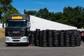 Pirelli racing tire service truck and workshop in circuit paddock