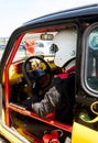 Fiat 500 old classic italian racing mini car driver cockpit and steering wheel close up