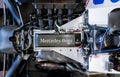 Mercedes-Benz engine high angle view logo name on racing car close up