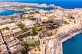 Valletta capital city of Malta. Panorama port and blue sea. Aerial top view