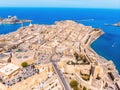 Valletta capital city of Malta. Panorama port and blue sea. Aerial top view