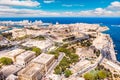 Valletta capital city of Malta. Panorama port and blue sea. Aerial top view