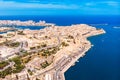 Valletta capital city of Malta. Panorama port and blue sea. Aerial top view
