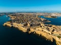 Valletta City in Malta Aerial Drone Photography. A drone\'s perspective captures the historic grandeur and coastal charm