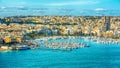 Valletta, Malta: aerial view from city walls. Marsamxett harbor and Sliema