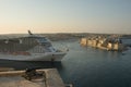 Valletta, Malta, August 2019. The nose of the ocean ferry entering the harbor.