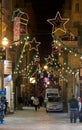 VALLETTA MALTA - DEC 8, 2016: view of illuminated Republic Street with christmas decoration in Valletta, Malta. Christmas decorati Royalty Free Stock Photo