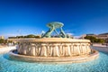 Valletta, Malta - January 11, 2019: The Iconic Triton fountain in front of the City Gate to Valletta, capital of Malta