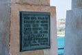 Valletta, Malta - May 9, 2017: Plaque inside Siege Bell War Memorial designed by Michael Sandle and erected in 1992.