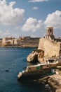 VALLETTA, MALTA - SEPTEMBER, 15 2018: View of the Grand Harbour of Valletta and the Siege Bell War Memorial Royalty Free Stock Photo