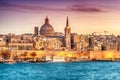 Valletta, Malta: skyline from Marsans Harbour at sunset
