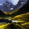 Valley amoungst high peaks depiction Royalty Free Stock Photo