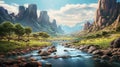 The Valley Beyond, A breathtaking landscape of Westworld's fabled Valley Beyond, featuring towering mountains, Generative AI