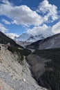 Valley carved out by glacier, leading to some peaks of the Rocky Mountains. This is the Sunwapta Valley in Alberta, Canada.
