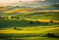 a valley in the countryside at sunset, with green rolling hills and trees Royalty Free Stock Photo