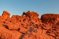 Valley of Fire - Panoramic sunrise view of the elephant rock surrounded by red and orange Aztec Sandstone Rock formations, Nevada Royalty Free Stock Photo