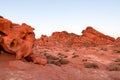 Valley of Fire - Panoramic sunrise view of red and orange Aztec Sandstone Rock formations and desert vegetation, Nevada Royalty Free Stock Photo