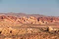 Valley of Fire - Panoramic view of endless winding empty Mouse tank road through canyons of red Aztec Sandstone Rock Royalty Free Stock Photo