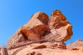 Valley of Fire - Scenic view of staircase of Atlatl rock showing the ancient Indian petroglyphs carvings of the Anasazi, Nevada. Royalty Free Stock Photo