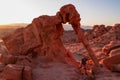 Valley of Fire - Tourist woman standing next to elephant shaped Aztec Sandstone Rock formations during sunrise, Nevada Royalty Free Stock Photo