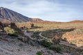 Valley at the foot of Teide volcano and Teide volcano on the left.