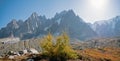 The valley and high peaks of the chamonix valley and Mont Blanc Massif in the village of Chamonix in France. Royalty Free Stock Photo