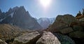 The valley and high peaks of the chamonix valley and Mont Blanc Massif in the village of Chamonix in France. Royalty Free Stock Photo