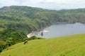 Valley with a horse standing on it surrounded by hills greenery and a sea under a blue sky Royalty Free Stock Photo