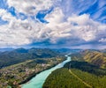 Valley of Katun river storm clouds, Altai mountains republic, Siberia Russia, aerial top view Royalty Free Stock Photo