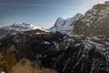 The valley of Lauterbrunnen viewed from the village of Murren in Switzerland on a sunny winter day. Panorama of swiss valley in Royalty Free Stock Photo