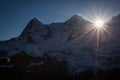 The valley of Lauterbrunnen viewed from the village of Murren in Switzerland on a sunny winter day. Panorama of swiss valley in Royalty Free Stock Photo