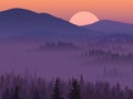 Illustration of purple valley with coniferous wood. Royalty Free Stock Photo