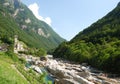 Valley of mountain river Verzaska in summer Swiss Alps. Royalty Free Stock Photo