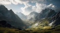 a valley in the mountains with clouds overhead and grass below