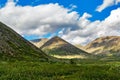 Valley and mountains in the subpolar urals on a summer day