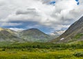 Valley and mountains in the subpolar urals on a summer day