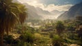 valley with palm trees in the foreground. Generative Ai