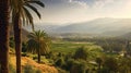 valley with palm trees in the foreground. Generative Ai